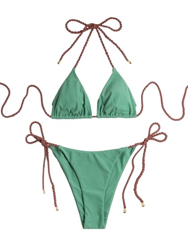 Image of ZAFUL 2 Piece Triangle Bikini for Women Knitted Rope Halter Bikini Sets Sexy Bathing Suit Side Tie Swimsuits Beachwear