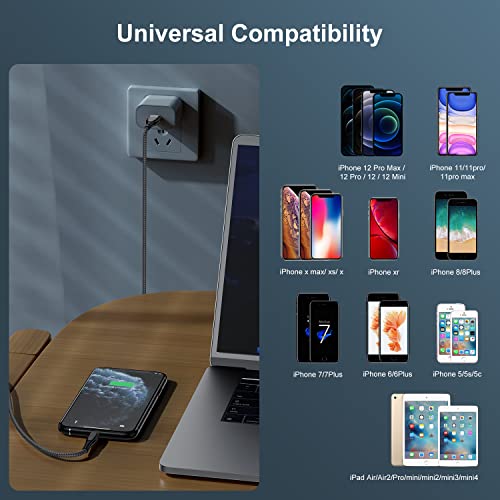 Image of Apple MFi Certified 3 Pack iPhone Charger 6ft, Long Lightning Cable Strong Nylon Braided Charging Cable 6 Foot, Fast iPhone USB Cord for Apple iPhone 14 /13 /12 /11 /X /XS /XR /8 /iPad Mini Air-Gray