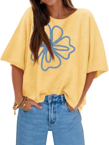 Image of Cicy Bell Womens Oversized Short Sleeve Sweaters Tops Knit Fall Pullovers