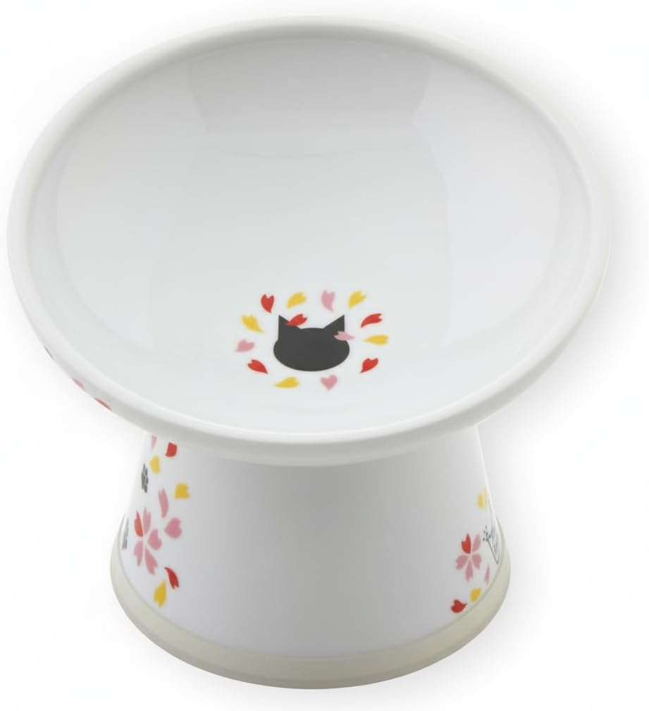 Necoichi Raised Cat Food Bowl – Ceramic Elevated 15° Tilted Bowl for Whisker Fatigue, Dishwasher & Microwave Safe, Non-Slip Anti-Vomiting Ergonomic Design (Sakura Floral, Extra Wide, 1.5-Cup Capacity)