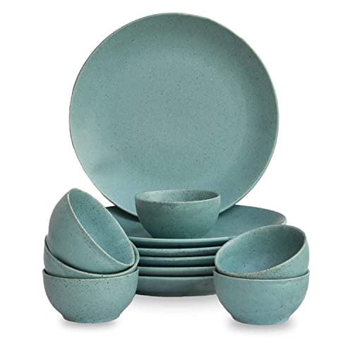 TDL Ceramic Handcrafted Dinner Set | Dinnerware Set | 6 Full Plates, 6 Bowls (12 Pieces Set) (Turquoise)