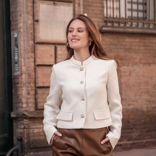 Tweed Cropped Blazer Jacket for Women Open Front Long Sleeve Slim Fit Business Casual Blazer3