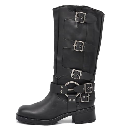 IF Fashion Scarpe Stivali da Donna Al Polpaccio Ginocchio Stile Biker Punk Rock Motociclista con...