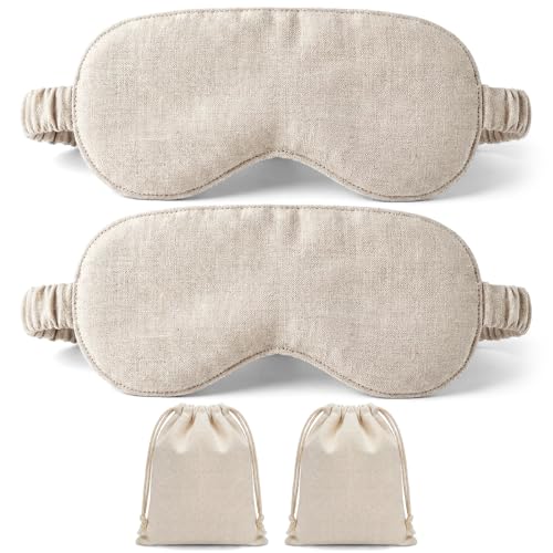 Funnysoft 4 Pcs Pure Linen Sleep Mask with Matching Pouch Organic Cotton No Pressure Eye Cover Blackout Breathable Eye Mask with Strap for Side Sleeping Napping Business Trip Gift (Linen)