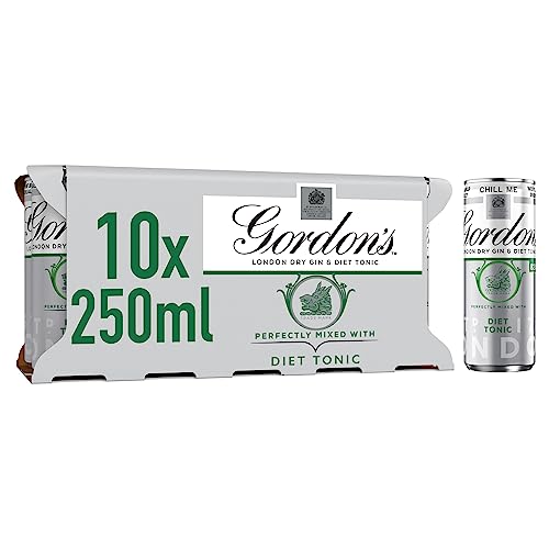 Gordons London Dry Gin & Diet Tonic | 5% vol | 10 x 250ml Can | Ready to Drink Gin & Tonic Cans | Juniper & Gin Botanicals | Best Served Chilled from the Can or in a Gin Glass