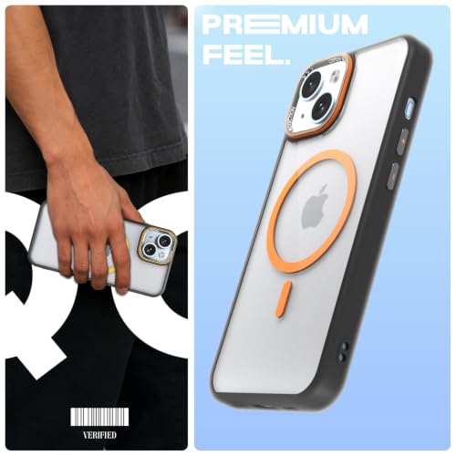 Image of Pikkme Back Cover for iPhone 14 | Shockproof | Mag-Safe Compatible | Hard Transparent Back | Premium Raised Camera Protection | Bumper Case (Black & Orange Mag-Safe)