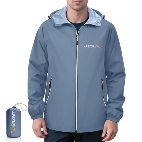 APEXUP Packable Rain Jacket Men with Reflective Zipper, Lightweight Waterproof Raincoat, Mens Rain Jacket for Outdoor Sports Dusty Blue Small