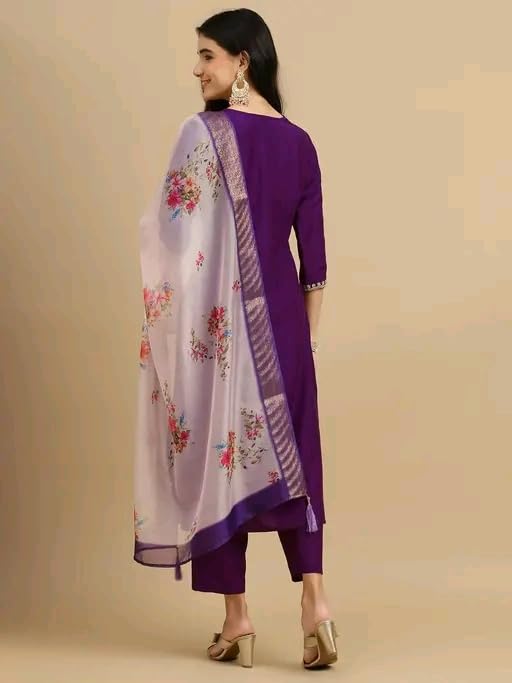 Image of Women's Embroidered Straight Kurta Set with Pant and Floral Silk Dupatta