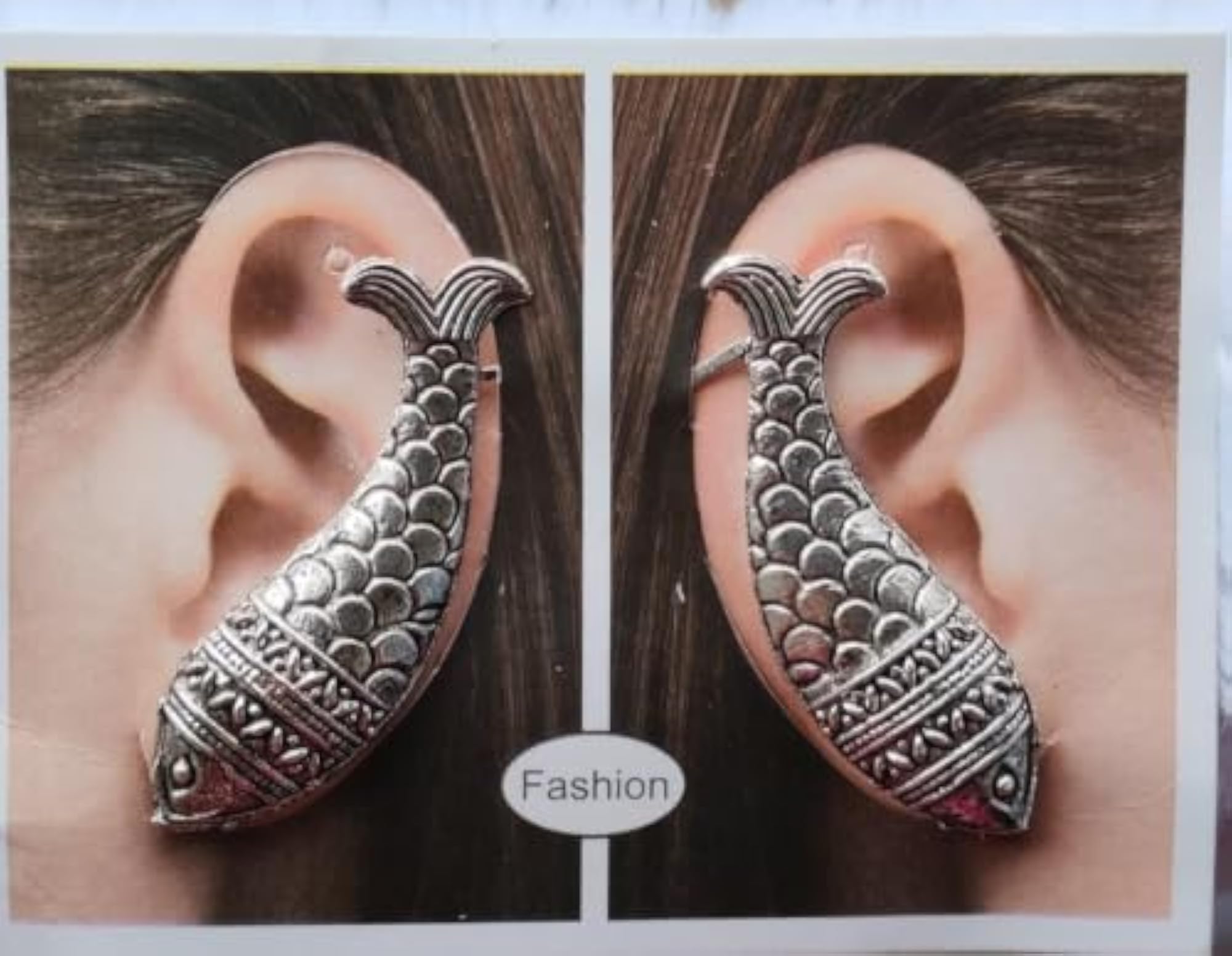 Women's Silver Oxidized Fish Ear Cuff Earrings, Traditional Design