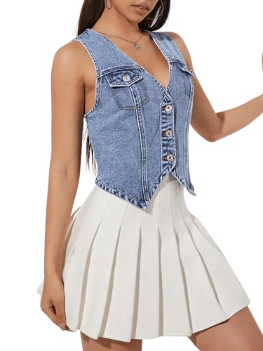 GORGLITTER Women's Denim Vest Sleeveless Jean Vest Crop Denim Tank Top Flap Pocket Button Front Y2K Vest 20254