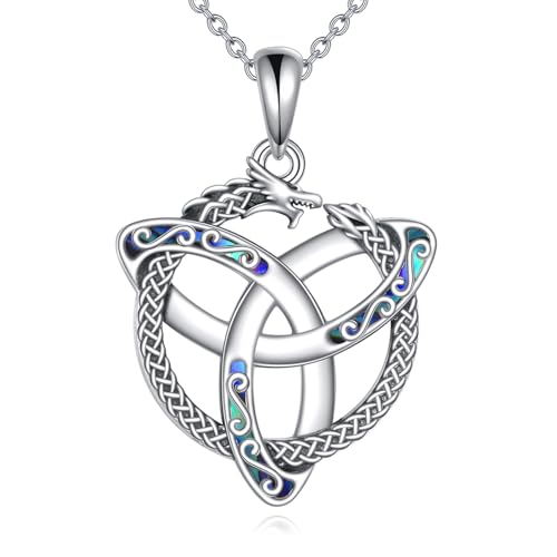 Celtic Dragon Necklace 925 Sterling Silver Ablone Shell Celtic Knot Dragon Pendant Necklace Trinity knot Jewelry Present for Women Mom