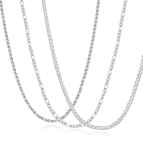 3Pcs Men's Stainless Steel 3mm Silver Chain Necklace Sets ，Non Tarnish Cuban Link Jewelry Gifts（18-22 inch）