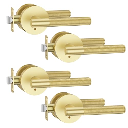 Asidrama 4 Pack Privacy Gold Door Handles Door Lever with Door Knobs Indoor for Bedroom or Bathroom Heavy Duty Brushed Gold Door Handles Interior with Locks for Left Right Sided Doors