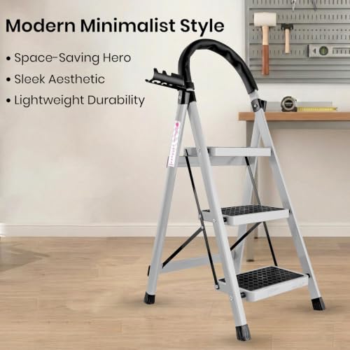 Image of Casa Copenhagen White 3 Step Ladder for Home Use with Built-in Tool Tray | Heavy Duty D Shape Rods | Ultra Large Platform | Wide Rubber Feet | 150Kg Capacity Foldable Ladder - 7 Years Warranty