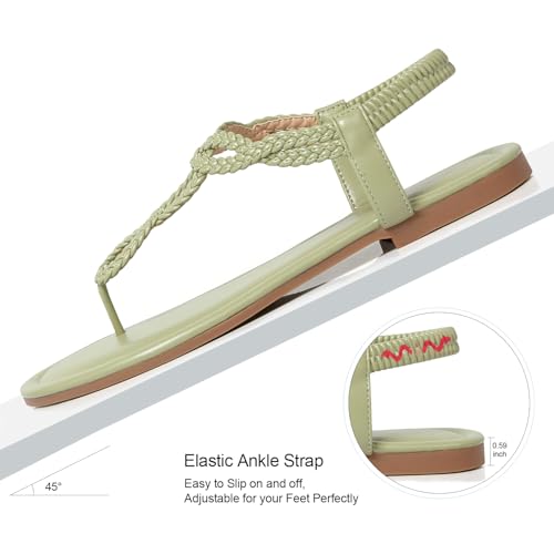 Image of iCKER Womens Braided T‑Strap Flat Sandals Elastic Stretch Ankle Strap | Boho cute casual lightweight and comfort matches dresses for beach vacation