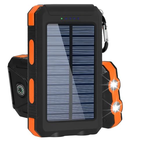 Carregador Portátil Power Bank Solar 10000mAh Resistente, Impermeável e à Prova de Poeira com Lanterna LED Ideal para Trilhas, Acampamentos e Aventureiros ao Ar Livre (Laranja)