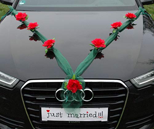 Organza M Auto Schmuck Braut Paar Rose Deko Dekoration Autoschmuck Hochzeit Car Auto Wedding Deko Girlande PKW (Rot/Grun)