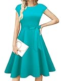 tagunop Women's Cocktail Dresses Vintage 1950s Retro Boatneck Cap Sleeve Dress with Pockets Turquoise L