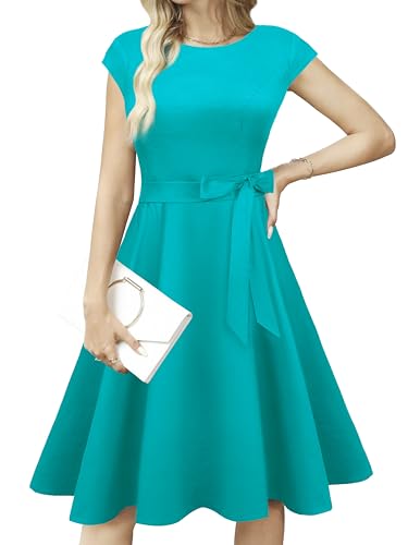 tagunop Women's Cocktail Dresses Vintage 1950s Retro Boatneck Cap Sleeve Dress with Pockets Turquoise L