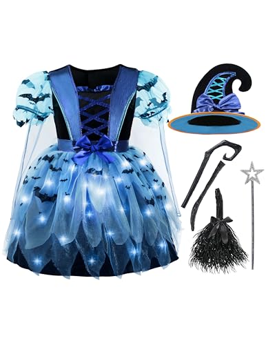 Spooktacular Creations Girls Light Up Witch Costume, Kids Witch Costume with Hat and Broom for Toddler Halloween Dress Party