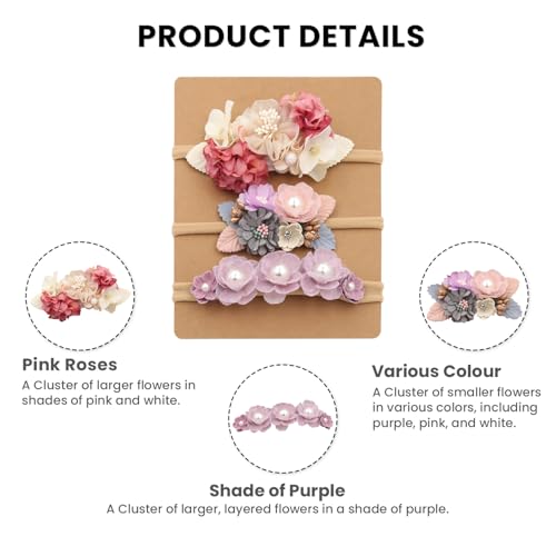 Image of SYGA 3 Pcs Baby Headband, Flower Stretchable, Nylon HairBand for Newborn Infant Toddlers Kids 0-3 Year-Design-1