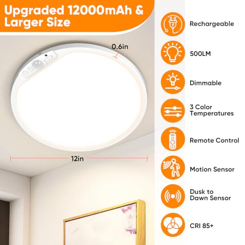 Image of Rechargeable Motion Sensor Ceiling Light, 12000mAh Battery Closet Light
