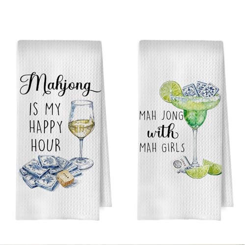 Image of Mahjong Gifts Kitchen Towels Set - Mahjong Wine Decorative Waffle Dish Towels, Chinoiserie Mah Jong Martini Hand Towels, Alcohol Mah Jong Friends Gifts Tea Towel, 16x24 Inches Set of 2
