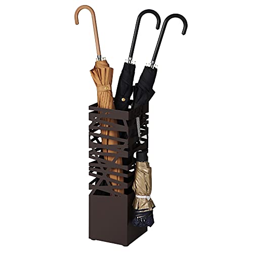 SONGMICS Umbrella Stand, Umbrella Holder for Entryway, with a Detachable Water Drip Tray, 4 Hooks, Steel Square Organizer Freestanding, for Canes Walking Sticks, Brown ULUC47Z