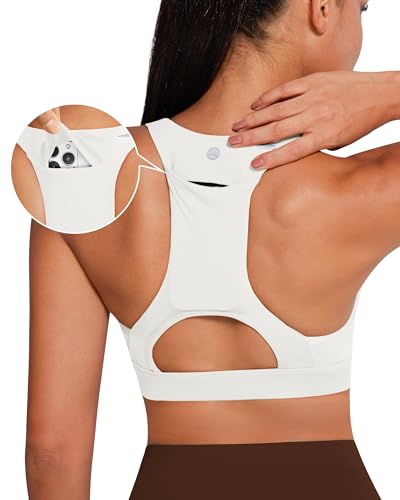 Image of QUEENIEKE BareFlow Women's Sports Bras with Phone Pocket Medium Impact Padded Racerback Workout Gym Crop Top Running Yoga Bra