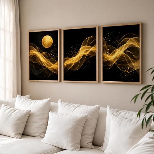 Image of TheMakerly Set of 3 Black Gold Abstract Moon Wall Art Paintings for Living Room | Luxury Modern Wall Decor | Golden Wave Wall Paintings for Bedroom, Hall, Office & Home Decoration (10x13 Inches)