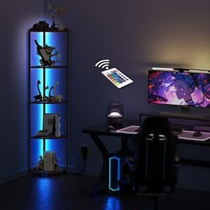 ZOUTOG 5 Tier Corner Shelf with LED Light, 62 Inch Tall Standing Narrow Bookshelf for Small Space with Storage Rack, Wooden Plant Corner Display Shelf with Metal Frame for Bedroom, Living Room