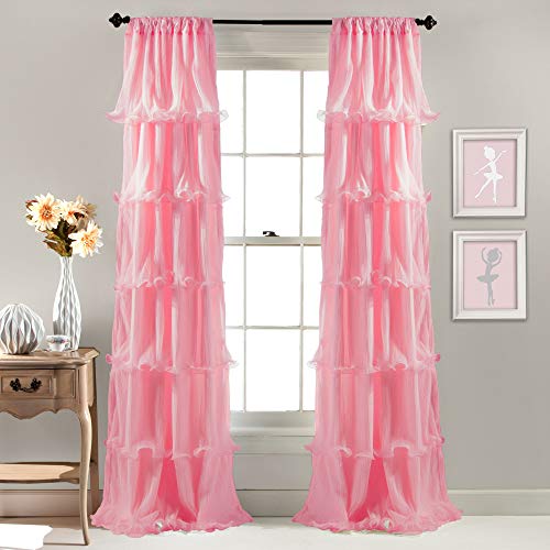 Lush Decor Nerina Light Filtering Window Panel Single 54' W x 84' L Pink - Ruffle Curtains for Bedroom - Pink Curtains for Living Room - Coquette Decor
