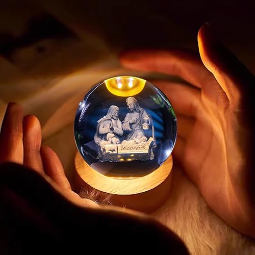 Image of 3D Crystal Ball Night Light with Wooden Base, Aesthetic Clear LED Lamp for Home and Bedroom Touch Switch, Warm Light for Kids and Teens Perfect Birthday & Anniversary (Birth of Jesus Christ)