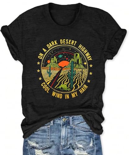 Women Journey T-Shirt Outdoor Adventure Outfit Sunrise Camping Tops Athletic Tees Road Trip Desert Highway Loose Fit Graphic Tee Sunset Cowgirl Tops, Black XL