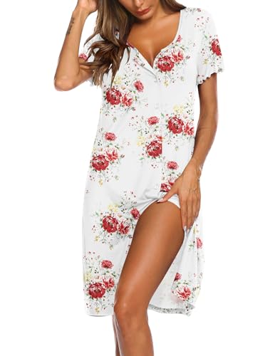 Image of Ekouaer Women's Nightshirt Short Sleeve Button Down Nightgown V-Neck Sleepwear Pajama Dress