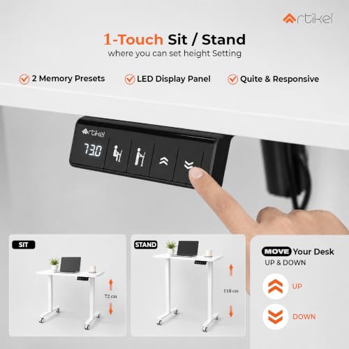 Image of ARTIKEL Move Electric Height Adjustable Standing Desk with Wheels for Home Office | 80 x 60 cm Sit-Stand Workstation | 72-118 cm Height Range | 2 Memory Presets | Anti-Collision