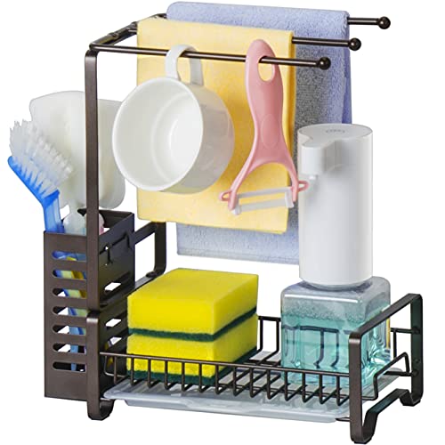 CLTYQ Spülbecken Organizer Küchen Organizer fur Aufbewahrung Küche Edelstahl Küchen Zubehör, mit Abflusspfanne, Schwamm Bürste Seifenschale Halter (Bronze) Cover