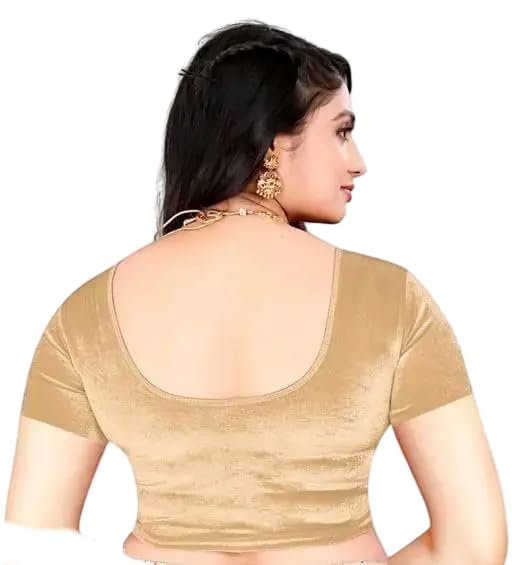Women's Embroidered Sleeves & Back Solid Beige Velvet Short Sleeve Blouse-picture-23