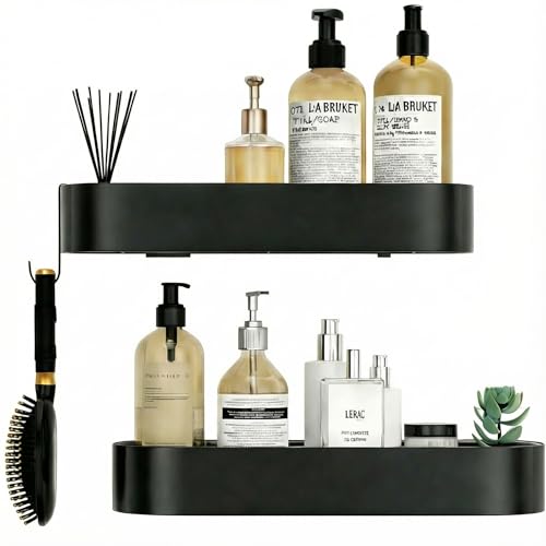 XXLarge Adhesive Shower Caddy, 15.8 In Rustproof Bathroom Organizers and Storage with Large Capacity and 4 Hooks, No Drilling Shower Shelves for Inside Shower for Bathroom, Dorm and Kitchen(2 Packs)