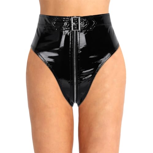 Alvivi Damen Wetlook Slips Lackleder Hotpants Panties Metallic Höschen Tanga Thong Lingerie Erotik Unterwäsche Unterhose Schwarz XXL