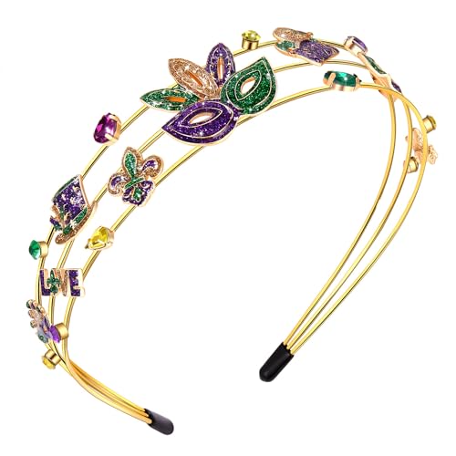 vokone Hairband Mardi Gras Headband for Women Glitter Mask Crown Fleur De Lis Headband Multi Layer Crystal Hairband Fat Tuesday Carnival Hair Accessory Parade Gifts