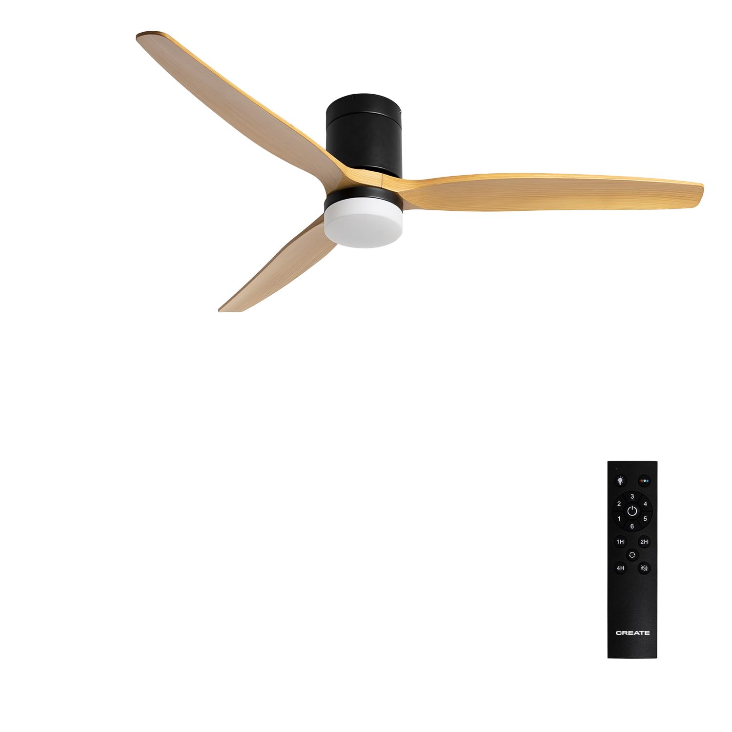 CREATE / WINDCALM L/​Ventilador de techo ABS con luz negro aspas efecto madera clara con mando / 40W, Silencioso, Ø152 cm, 6 velocidades, 3 temperaturas de luz, función verano-​invierno
