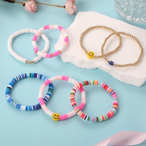 Image of Preppy Bracelets Set Colorful White Gold Smile Heart Star Polymer Beaded Pearl Clay Stackable Charm Y2K Kidcore Aesthetic Summer Beach Bohemian Stretch Layering Bracelets Jewelry for Girls Women Teens