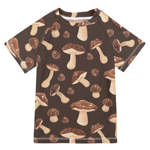ALAZA Boys Swim Shirt Short Sleeve Rash Guard for Boys Girls UPF 50+ Chocolate Mushrooms 9-10T