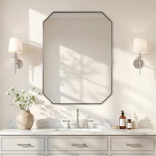 Image of ANDY STAR Brushed Nickel Octagon Bathroom Mirror, 24x32 Inch Stainless Steel Metal Frame, Anti-Rust, Shatterproof HD Glass, Wall Mounted for Bathroom, Bedroom, Living Room