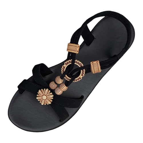 Image of Generisch Sandals Women's Ethnic Bohemian Flat Sandals Female Beads Weave Open Toe Roman Beach, black, 5 UK