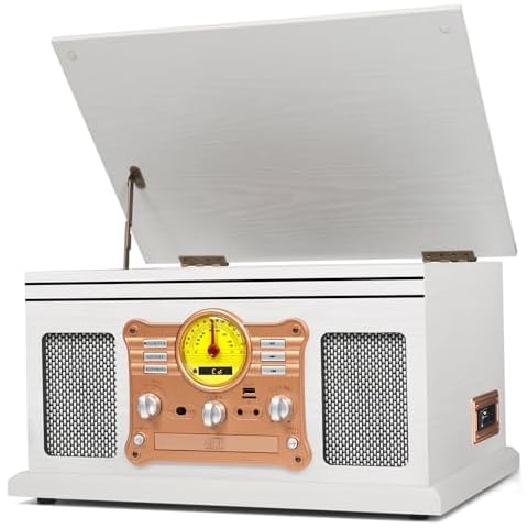 10 in 1 Vintage Bluetooth Record Player Turntable with Built-in Speakers, Vinyl Turntable CD Cassette Player & AM/FM Radio Combo Multimedia Center, USB Recording, RCA Out AUX in, White Wood Cover