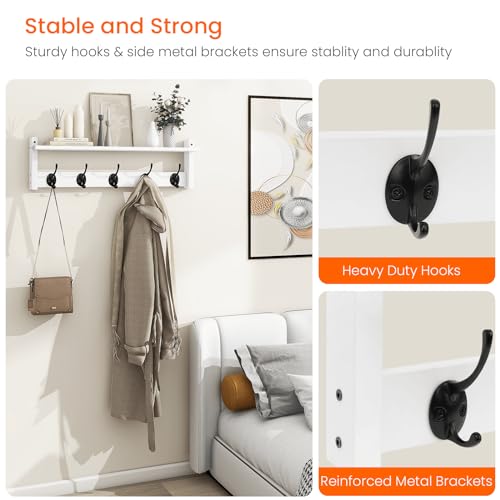Image of Homode Coat Rack with Shelf Wall Mount, 24 Inch Long Wall Shelf with Hooks Underneath, Wood Hanging Coat Hanger with Hat Shelves for Entryway, Bathroom, Mudroom, White