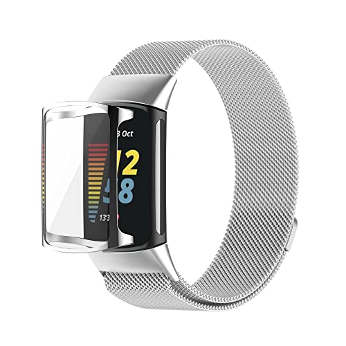 SKYK Magnetic Mesh Loop Watch Bands & Full Coverage TPU Case Screen Protector Suit Compatible With Fitbit Charge 5 - Soft HD Case Stainless Steel Metal band (Silver)