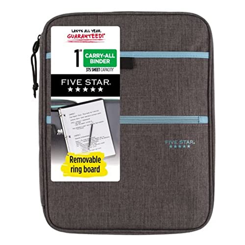 Five Star Zipper Binder 1 Inch 3-Ring Binder with Round Rings Carry-All with Pockets and 4-Tab Dividers 375 Sheet Capacity Gray/Mint (29092BH0)